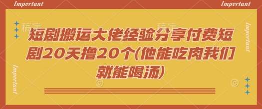 短剧搬运大佬经验分享付费短剧20天撸20个(他能吃肉我们就能喝汤)-知享知识库