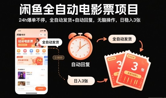 闲鱼全自动电影票项目,24h爆单不停,全自动发货+自动回复,无脑操作,日稳入3张【揭秘】-知享知识库