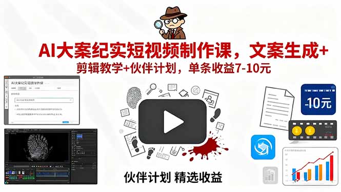 （15992期）AI大案纪实短视频制作课，文案生成+剪辑教学+伙伴计划，单条收益7-10元-知享知识库