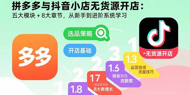 （15805期）拼多多与抖音小店无货源开店：五大模块+8大章节，从新手到进阶系统学习-知享知识库