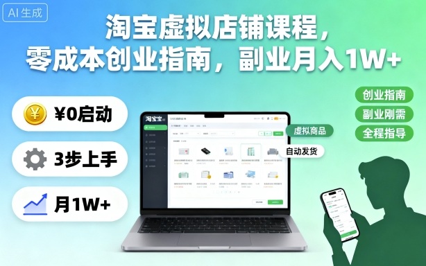 淘宝虚拟店铺课程，零成本创业指南，副业月入1W+-知享知识库