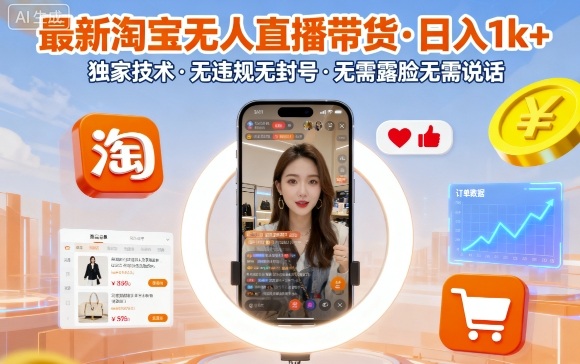 最新淘宝无人直播带货，日入1k+，独家技术，无违规无封号，无需露脸无需说话【揭秘】-知享知识库