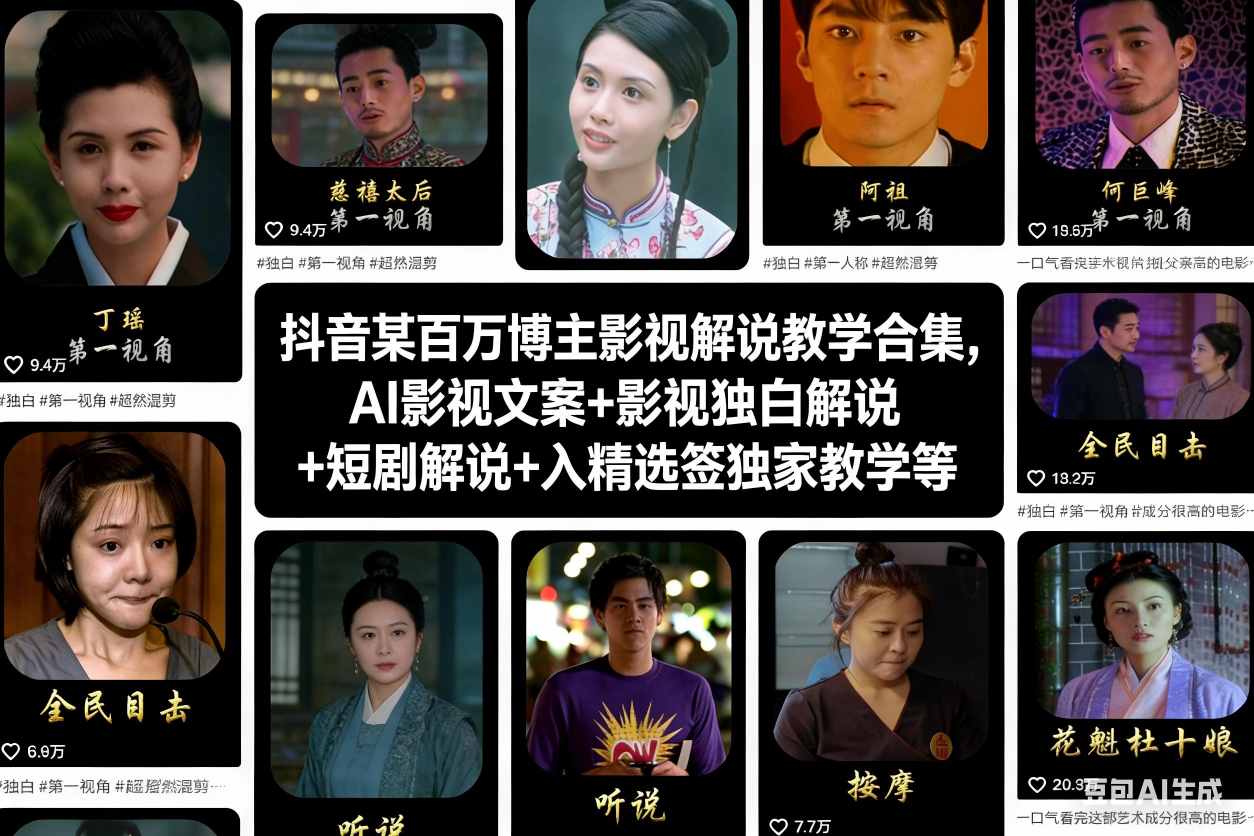 抖音某百万博主影视解说教学合集，AI影视文案+影视独白解说+短剧解说+入精选签独家教学等-知享知识库