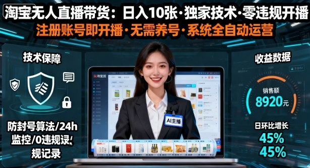 【最新】淘宝无人直播带货，日入10张，独家技术，无违规无封号，注册账号直接开播，不用养号【揭秘】-知享知识库