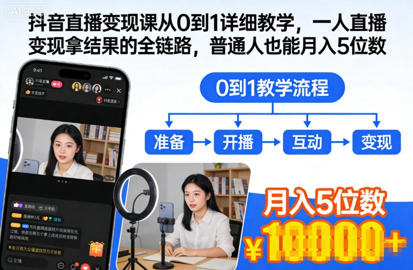 抖音直播变现课从0到1详细教学,一人直播变现拿结果的全链路,普通人也能月入5位数-知享知识库