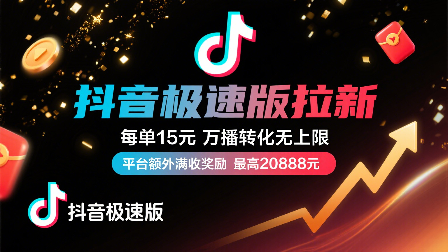 抖音极速版放福利,每单15元,万播转化无上限,平台额外满收奖励,最高可领20888元-知享知识库