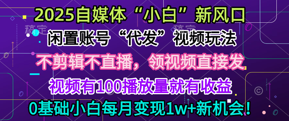 2025每月躺赚5w+新机会，闲置视频账号一键代发玩法，0粉不实名不剪辑，领了视频直接发，0基础小白也能日入300+-知享知识库