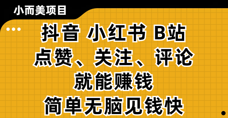 小而美的项目,抖音、小红书、B站视频点赞、关注、评论就能赚钱,简单无脑立见收益!妥妥的零撸项目-知享知识库