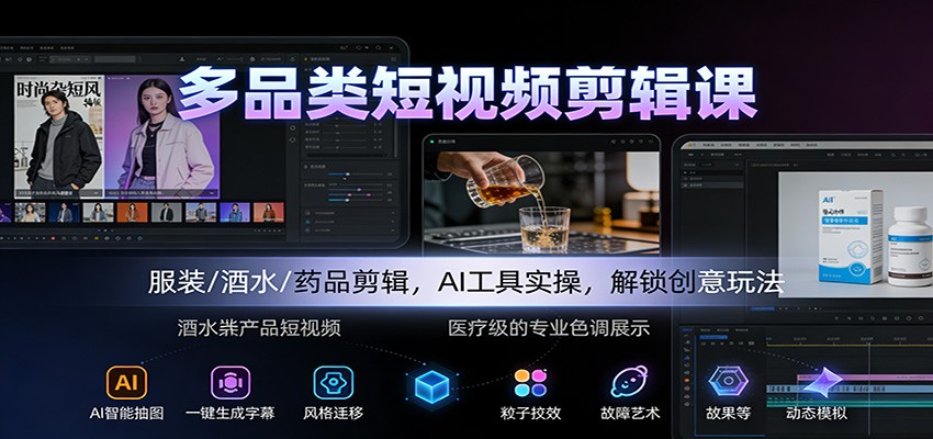 多品类短视频剪辑课：服装/酒水/药品剪辑，AI工具实操，解锁创意玩法-知享知识库