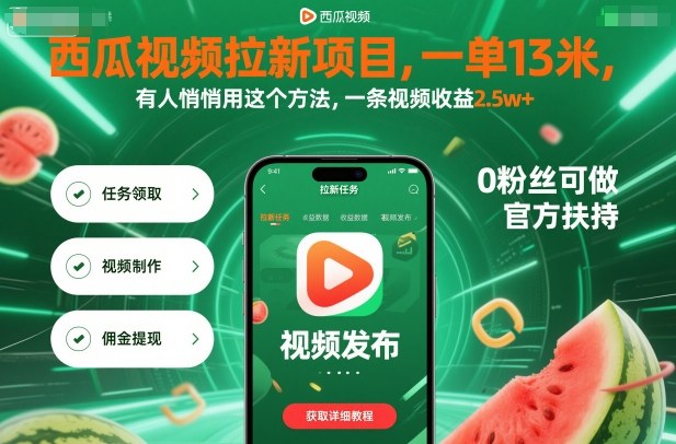 西瓜视频拉新项目,一单13米,有人悄悄用这个方法,一条视频收益2.5w+(附详细教程)-知享知识库