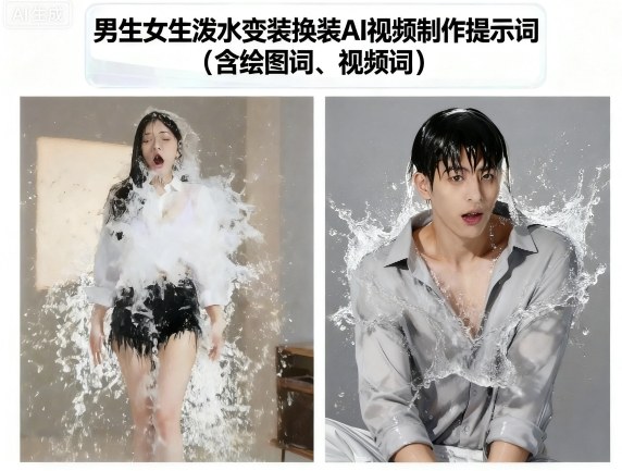 男生女生泼水变装换装AI视频制作提示词(含绘图词、视频词)-知享知识库