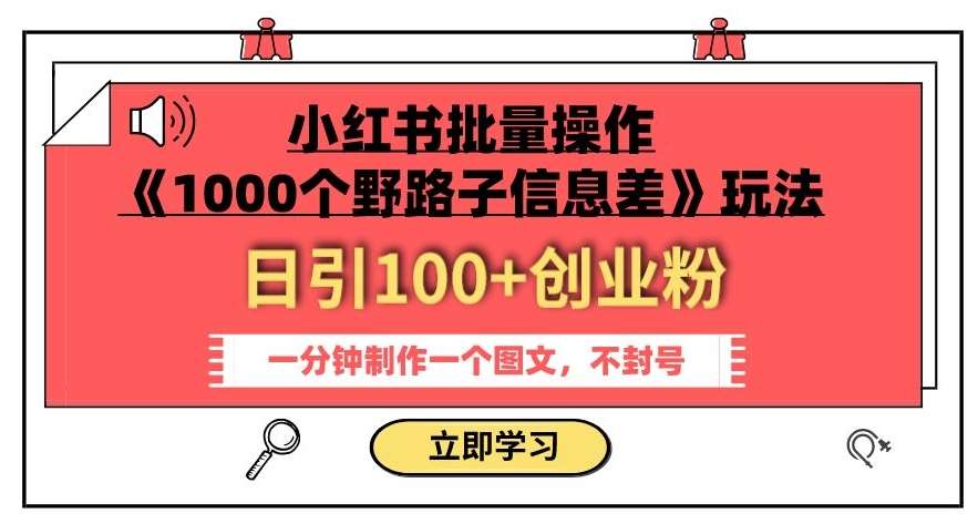 小红书批量操作《1000个野路子信息差》玩法，一分钟制作一个图文，不封号，日引100+创业粉-知享知识库
