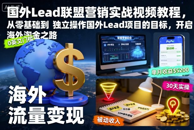 国外Lead联盟营销实战视频教程，从零基础到独立操作国外Lead项目的目标，开启海外淘金之路-知享知识库