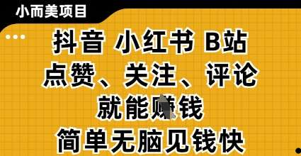 小而美的项目，抖音小红书B站视频点赞、关注、评论就能挣钱，简单无脑立见收益，妥妥的零撸项目【揭秘】-知享知识库