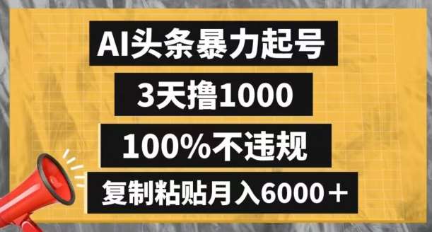 AI头条暴力起号,3天撸1000,100%不违规,复制粘贴月入6000+【揭秘】-知享知识库
