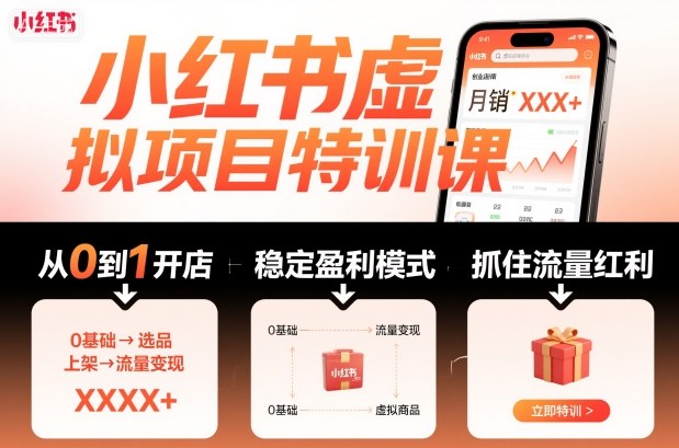 小红书虚拟项目特训课，帮你从0到1打造稳定盈利的店铺，抓住流量红利（更新9月）-知享知识库