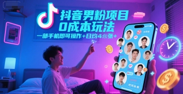 抖音男粉项目0成本玩法，一部手机即可操作，日均4张+，时间自由-知享知识库