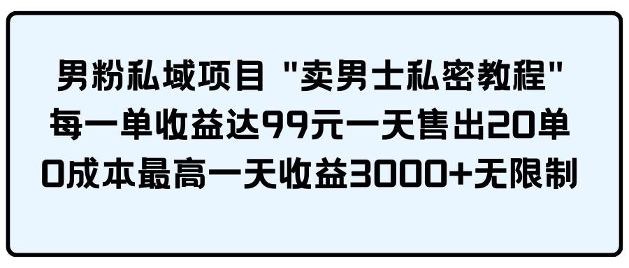 男粉私域项目 卖男士私密教程 每一单收益达99元一天售出20单-知享知识库