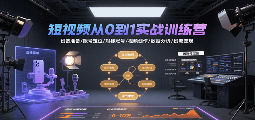 短视频从0到1实战训练营：设备准备/账号定位/对标账号/视频创作/数据分析/投流变现-知享知识库