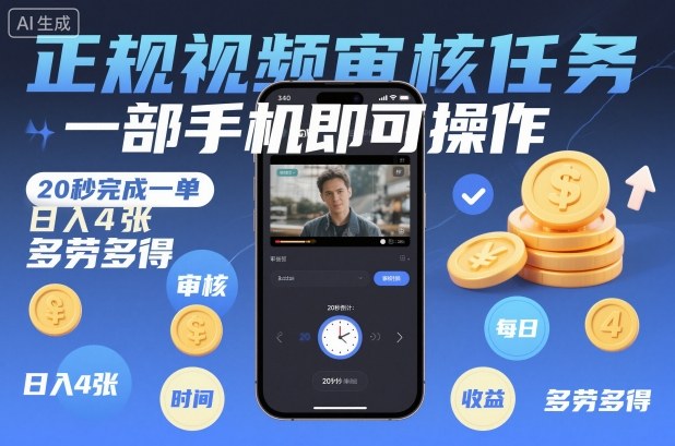 正规视频审核任务,一部手机即可操作,20秒完成一单,日入4张,多劳多得【揭秘】-知享知识库