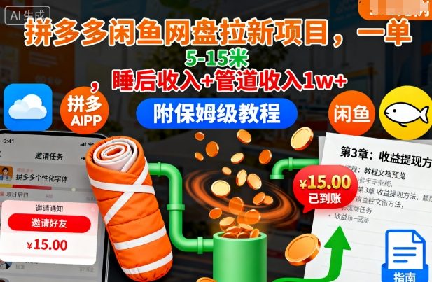 拼多多闲鱼网盘拉新项目，一单5-15米，睡后收入+管道收入1w+（附保姆级教程）-知享知识库