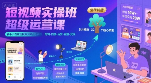 短视频实操班超级运营课，新手小白到短视频大神必修课程，剪辑-拍摄-运营-直播-变现-知享知识库