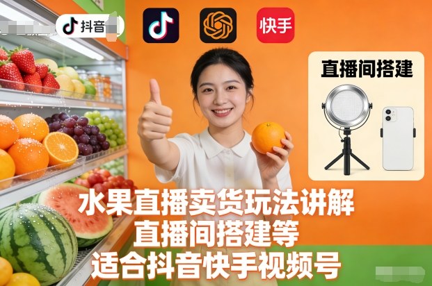 水果直播卖货玩法讲解、直播间搭建等，适合抖音快手视频号-知享知识库