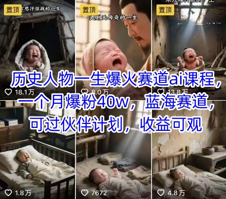历史人物一生爆火赛道ai课程，一个月爆粉40w，蓝海赛道，可过伙伴计划，收益可观-知享知识库