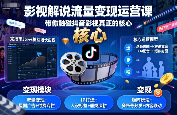 影视解说流量变现运营课，带你触碰抖音影视真正的核心-知享知识库