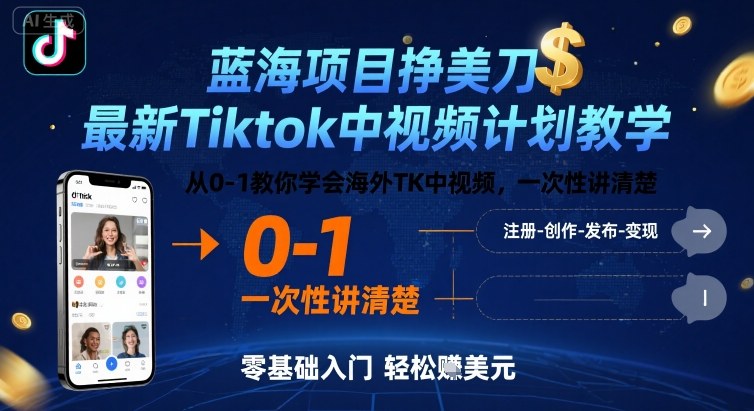 蓝海项目挣美刀，最新Tiktok中视频计划教学，从0-1教你学会海外TK中视频，一次性讲清楚-知享知识库