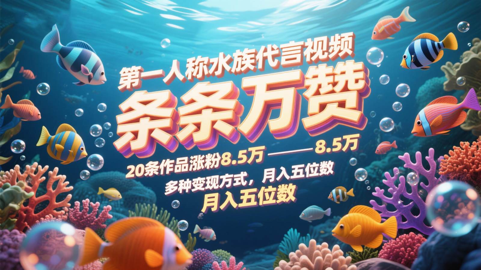 第一人称水族代言视频，条条万赞，20条作品涨粉8.5万，多种变现方式月，入五位数-知享知识库