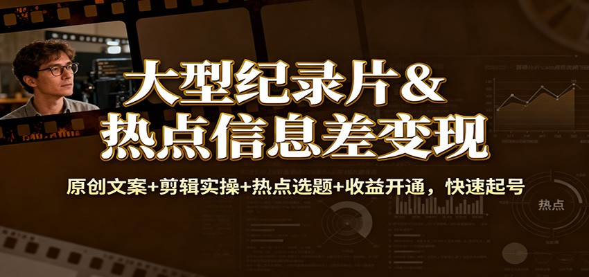 大型纪录片&热点信息差变现：原创文案+剪辑实操+热点选题+收益开通，快速起号-知享知识库