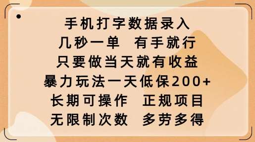 手机打字数据录入，几秒一单，有手就行，只要做当天就有收益，暴力玩法一天低保2张-知享知识库