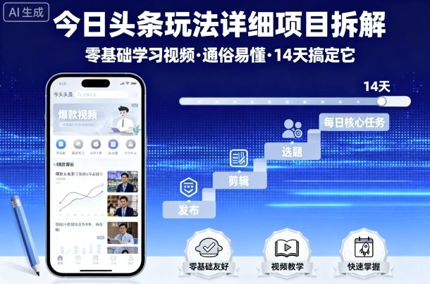 今日头条玩法详细项目拆解，零基础学习视频 通俗易懂 14天搞定它-知享知识库