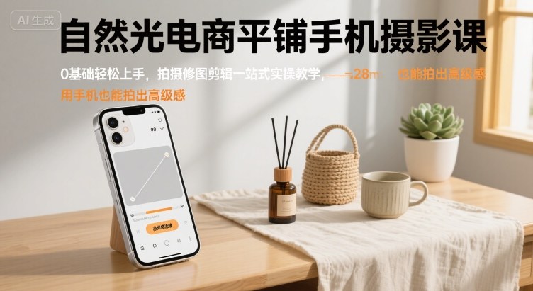 自然光电商平铺手机摄影课，0基础轻松上手，拍摄修图剪辑一站式实操教学，用手机也能拍出高级感-知享知识库