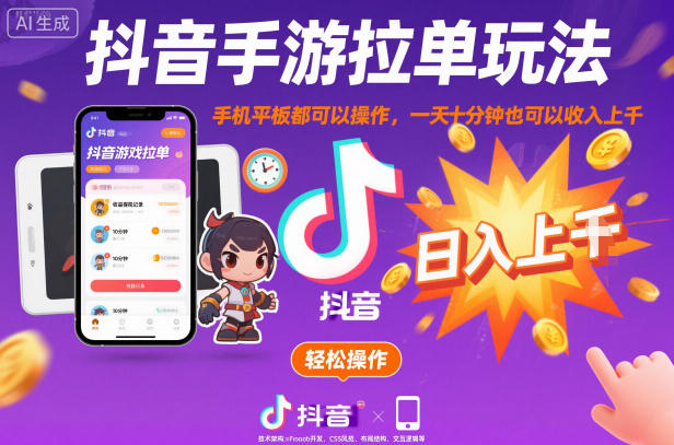 抖音手游拉单玩法,手机平板都可以操作,一天十分钟也可以收入上K【揭秘】-知享知识库