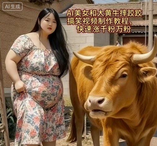 AI美女和大黄牛摔跤搞笑荒诞视频制作教程,快速涨千粉万粉-知享知识库
