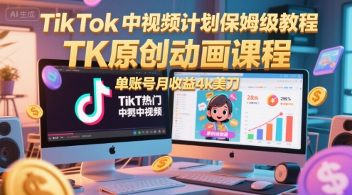 TikTok中视频计划保姆级教程，TK原创动画课程，单账号月收益4k美刀-知享知识库