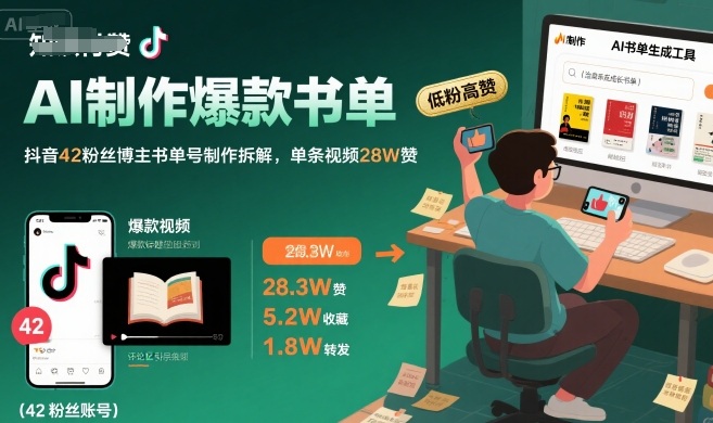AI制作爆款书单,抖音42粉丝博主书单号制作拆解,单条视频28W赞-知享知识库