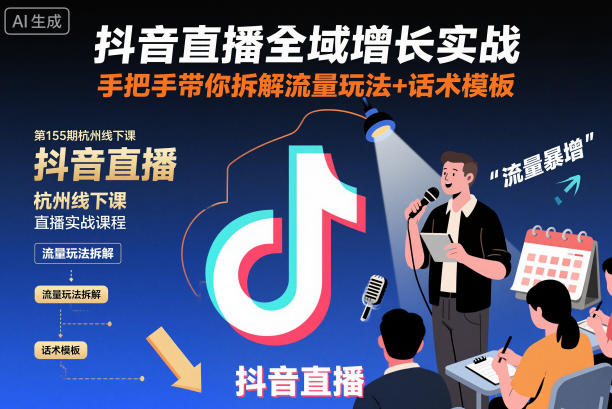 抖音直播全域增长实战第155期杭州线下课,手把手带你拆解流量玩法+话术模板-知享知识库
