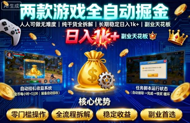 两款游戏全自动掘金，人人可做无难度，纯干货全拆解，长期稳定，日入1k+，副业天花板【揭秘】-知享知识库