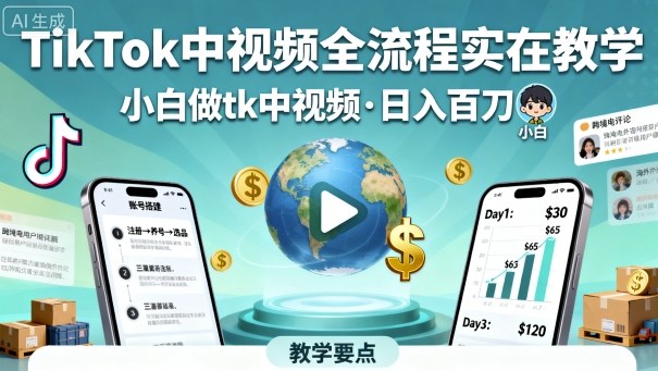 TikTok中视频全流程实操教学，小白做tk中视频，日入百刀-知享知识库