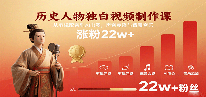 历史人物独白视频制作课,从剪辑配音到AI出图,声音克隆与背景音乐,涨粉22w+-知享知识库