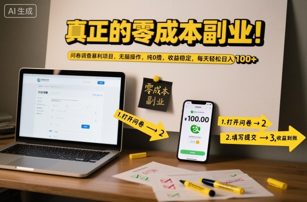 真正的零成本副业！问卷调查暴利项目，无脑操作，纯0撸，收益稳定，每天轻松日入100+【揭秘】-知享知识库