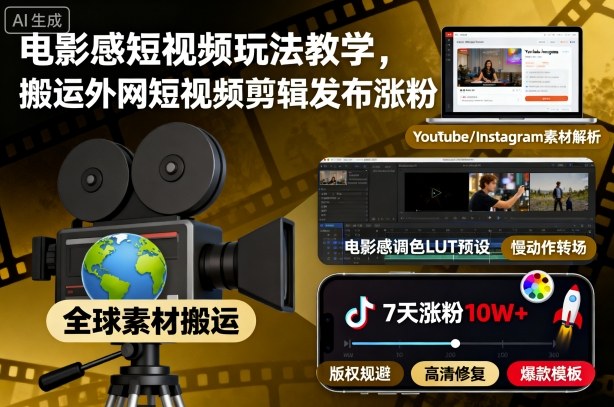 电影感短视频玩法教学，搬运外网短视频剪辑发布涨粉-知享知识库