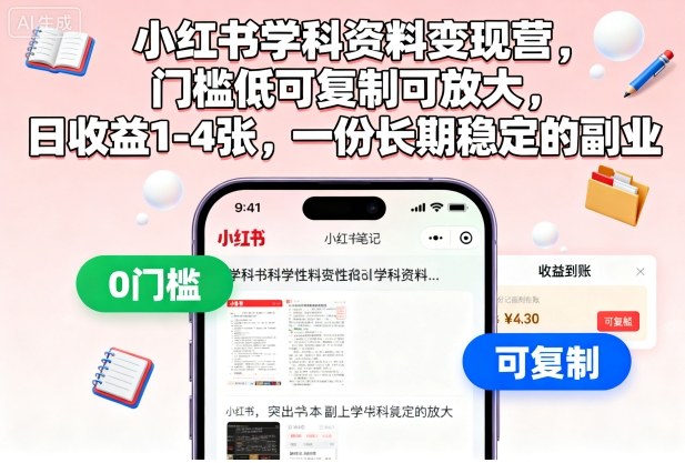 小红书学科资料变现营,门槛低可复制可放大,日收益1-4张,一份长期稳定的副业-知享知识库