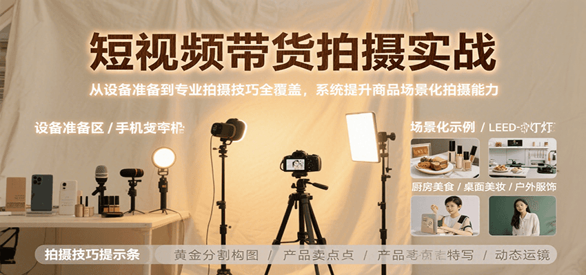 短视频带货拍摄实战,从设备准备到专业拍摄技巧全覆盖,系统提升商品场景化拍摄能力-知享知识库