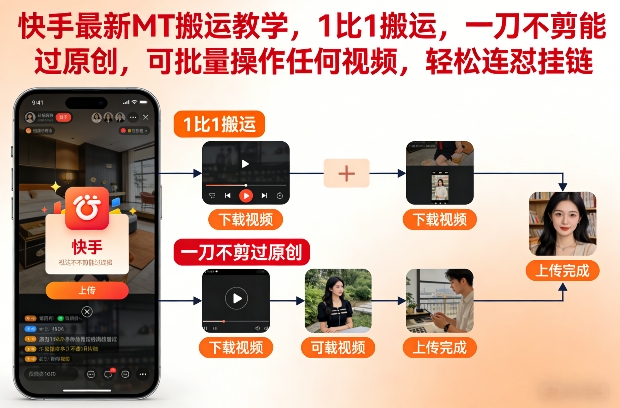 快手最新MT搬运教学，1比1搬运，一刀不剪能过原创，可批量操作任何视频，轻松连怼挂链-知享知识库
