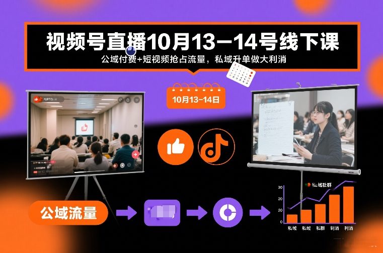 视频号直播10月13-14号线下课，公域付费+短视频抢占流量，私域升单做大利消-知享知识库