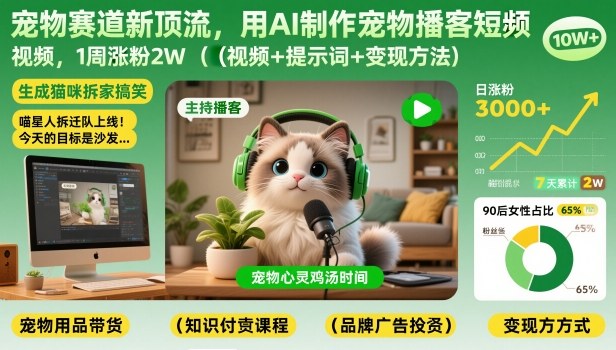 宠物赛道新顶流，用AI制作宠物播客短视频，1周涨粉2W（视频+提示词+变现方法）-知享知识库